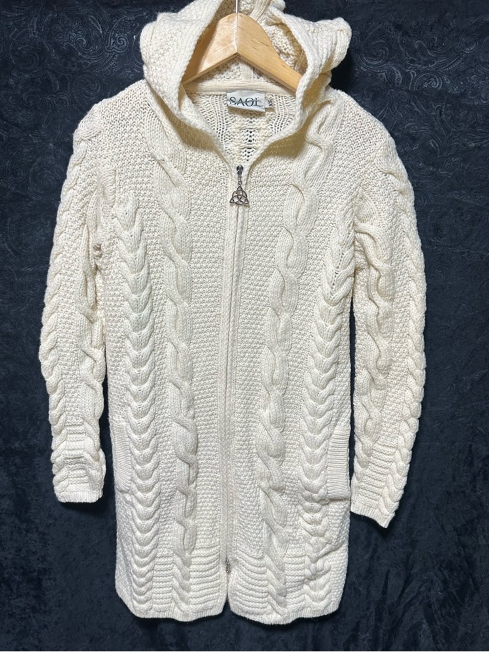 NWOT! XS Saol Irish knit Cream Cable Knit Hood Zip Sweater 100% merino wool